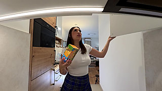 All Natural Big Tits Big Ass Hottest Brunette Babe in the Kitchen with a Short College Uniform Skirt Flashes Panties and Pussy
