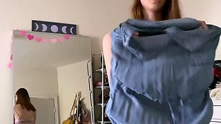 Amateur redhead Jacqueline with glasses masturbates