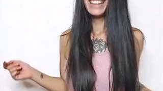 Flexible pale brunette with foot fetish does hot footjob