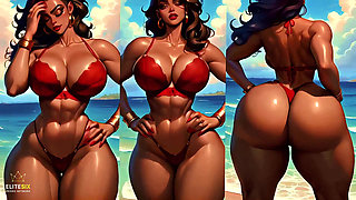 4K 100% Ai Generated 3D Soft Looping Pmv: Dark-skinned Thick Ass Gentle Twerk on Tropical Beach in Sexy Bikinis