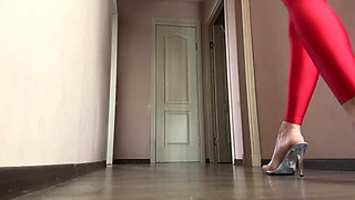 Asmr Mistress in Latex and Red Leggings Strides Across the Room