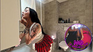Beautiful Brunette with Big Tits in the Bathroom Takes Her Red Satin Thong to Flash Her Tight Meaty Pussy and Naked Ass