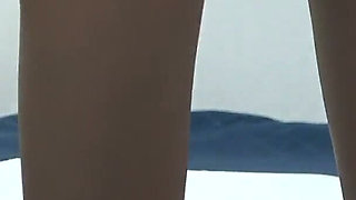 Tits and Panties Fully Visible Workout. Indoor Camera in Apartment of Skinny Japanese Girl Wearing Micro-mini Skirt and No Bra