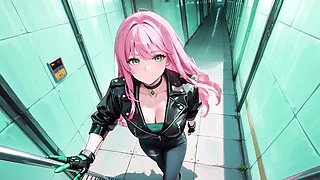 Rosy-Haired Leather Tech! Intimate vibrates in a neon-lit cyber corridor.