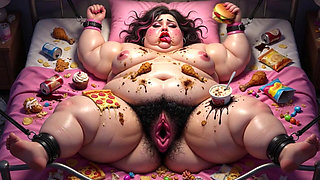 Obese BBW in Bondage Surrounded by Food - Begging for Huge Dick Inside Her