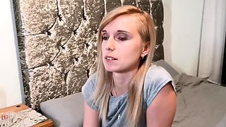 Blonde Housewife with big boobs masturbates with huge dildo