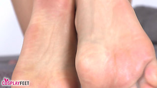 Wild Blonde Hostess Candy Posing Her Sexy Feet in Tight Pantyhose While Masturbating