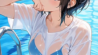 Japanese MILF Stepmom Shakes Huge Tits in Wet Panties at Pool