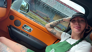 Horny Tattooed Barista Eats Teddy Tarantino's Cock in the Car on Her Break