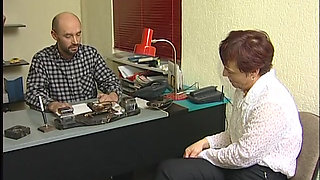 Old slut sucks a huge cock then rides it hard in the office