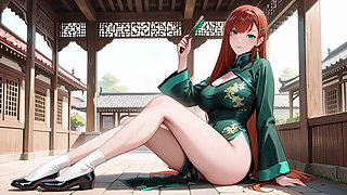 Red Hair & Emerald Qipao! Lazy Seduction in the Eastern Courtyard