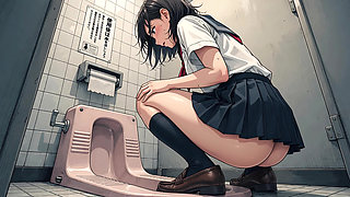 An office lady pees in the restroom, exposing her big, round butt
