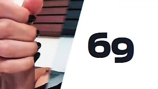 Brunette ladyboy with natural tits plays with her big cock