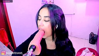 Sexy Asian Girl Deepthroating Pink Dildo Machine in Purple Room