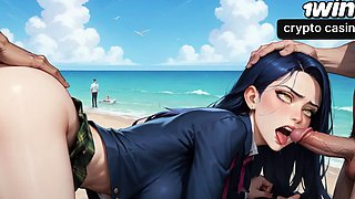 A sexy, hard-core beach honey is having an climax with