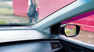 Schoolgirl publicly teases her teacher and rides him to a creampie in his car!
