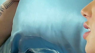 Busty Brunette French Maid in White Stockings Sucks and Fucks on Blue Satin