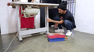 While I Pump the Pedal of My Cooking Machine in Panties This Man Looks at Me and Repairs the Machine