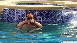 Hot Long Haired Ginger MILF Taking a Dip and Fucking in Outdoor Pool