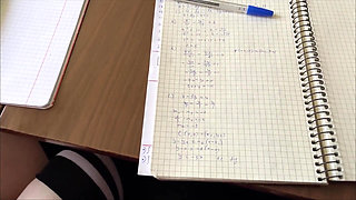 Schoolgirl Handjob Again in Math Class Under the Table and Even a Bit of Footjob. at School.