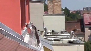 The German granny gets her shaved pussy penetrated by her out-door lover as a spectator witnesses the exciting moment