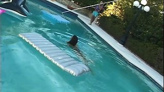 Passionate brunette delivers sensual outdoor pool pleasure with intense heat