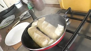 Sexy Blonde MILF Cooks Naked in Kitchen - No Panties, No Bra - Handjob, Big Natural Tits & Hairy Pussy
