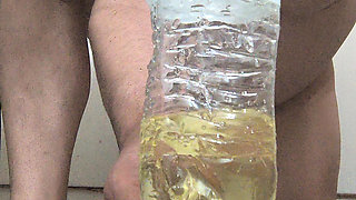 Pissing in Bottle After Fucking Double Dildo