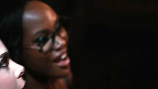August Skye & Nicole Emma Vaunt candlelit FFM: ebony in glasses and a pale brunette share one cock