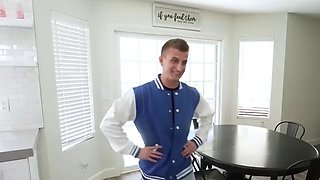 Busty cheerleader gives him a quick hj before doggystyle sex