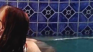 Hot Long Haired Ginger MILF Taking a Dip and Fucking in Outdoor Pool