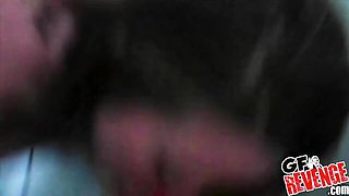 Bathroom Megan Fenox break: brunette on her knees sucking cock by the toilet