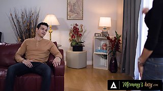 Inked Brunette Stepmom In A Black Cardigan Works Her Step Son