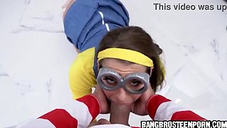 Halloween Teen Surprise: Minion Costume Girl Gagging on Big Cock Deep Throat