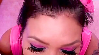 Cute big boobs tattooed brunette Claire Dames POV deepthroat blowjob on knees and cum swallow