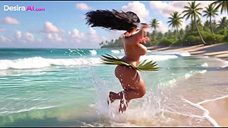 Exotic hula beauty on all fours, tribal men watching her curves (AI Generated)