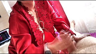 Two blowjob performances in close-up from a mature Russian beauty in different images: blonde and redhead...