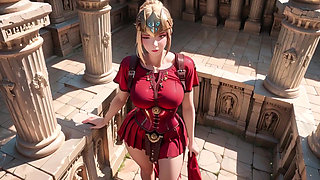 Red Armor Queen! Forbidden Gaze in the Roman Corridor, Skirt Lift Reveal, Hand on Lips Teasing You...
