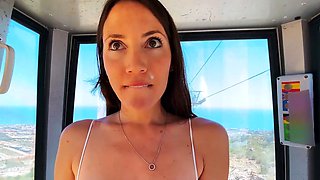 Innocent looking redhead gives blowjob on her knees in POV