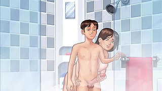 Debbie milks Anons huge cock in the shower - summertime saga gameplay