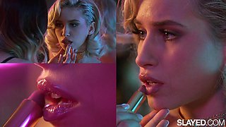 Hot asian girl gets her pussy fucked by her blonde bestie with a strap-on