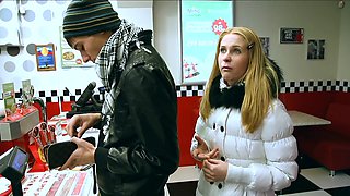 Oksana's tiny titties bounce in doggy style as she deepthroats his cock