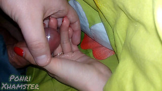 My stepsister's hand is covered in precum and then thick cum