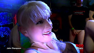 Pigtail Blonde Gangbang Slut Swallows Loads