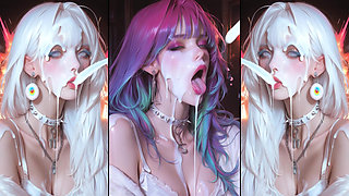 Anime characters get their faces thoroughly covered in cum.