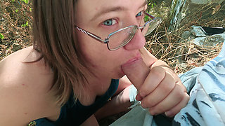 Chubby Glasses Girl Flashes Tits in an Abandoned House Then Overflows With Cum