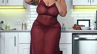 Busty curly brunette with big boobs fucks on couch