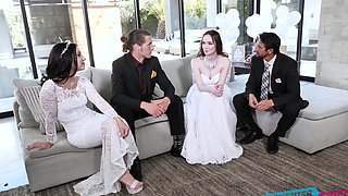 Hazel and Jazmine suck Tommy's thick cock in a wild bridal foursome