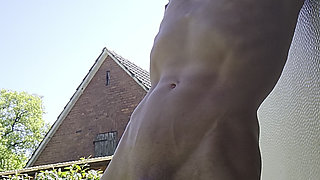 Skinny boy naked pissing und sperm. Piss n sperm flows from big uncut dick outdoor