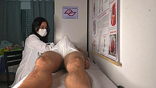 Brunette nurse jerks patient's huge cock in hospital